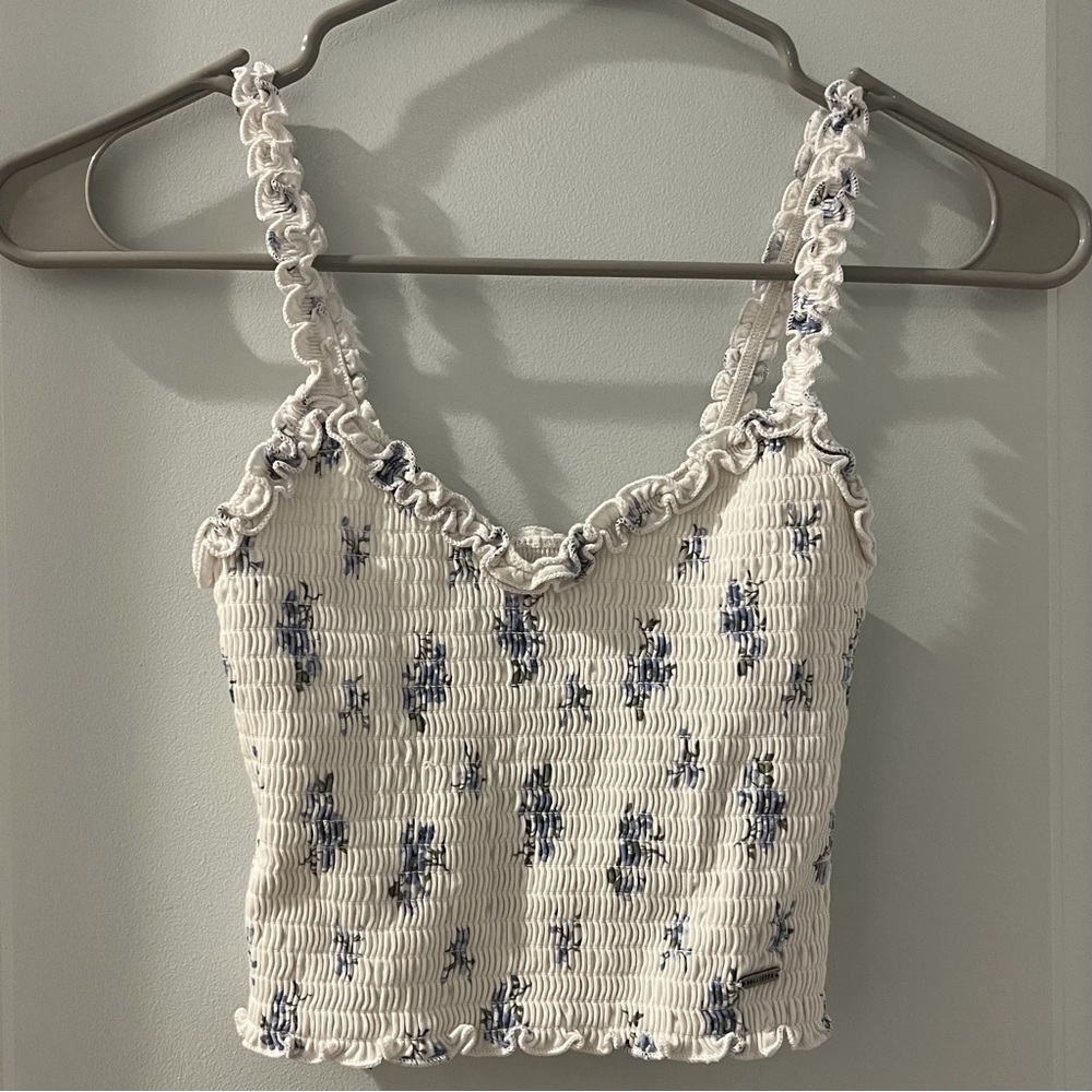 Hollister White and Blue Floral Smocked Tank Top